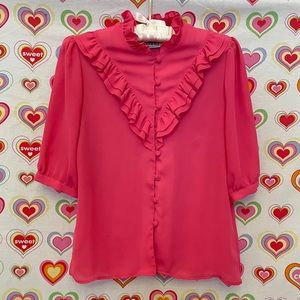 80s Vintage Hot Pink Silky Ruffle Blouse